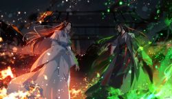 Rule 34 | 2boys, absurdres, architecture, artist name, black hair, dated, dirty, dirty face, east asian architecture, eye contact, fire, flute, green fire, hair ribbon, headband, highres, instrument, lan wangji, long hair, looking at another, modao zushi, multiple boys, muse (rainforest), outdoors, profile, red eyes, red ribbon, ribbon, standing, wei wuxian, white headband, white ribbon, wide sleeves