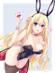 Rule 34 | 1girl, animal ears, bare shoulders, blonde hair, blue background, blue eyes, blush, breasts, cleavage, detached collar, fake animal ears, heart, highres, kazuneko (wktk1024), large breasts, leotard, long hair, looking at viewer, neptune (series), open mouth, playboy bunny, poker, queen (playing card), queen of hearts (playing card), rabbit ears, rabbit tail, smile, solo, tail, thighhighs, vert (neptunia), very long hair