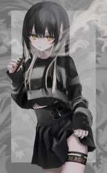 Rule 34 | 1girl, black hair, black nails, black skirt, blonde hair, blush, electronic cigarette, green eyes, heart, heart necklace, highres, hrtx0, jewelry, long hair, long sleeves, multicolored hair, necklace, original, skirt, solo, streaked hair, striped clothes, striped sweater, sweater, thigh strap
