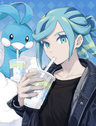 Rule 34 | 1boy, altaria, alternate costume, aqua eyes, aqua hair, black sweater, blue background, collarbone, commentary request, creatures (company), cup, drinking, drinking straw, eyelashes, game freak, gen 3 pokemon, grusha (pokemon), hair bun, hand up, highres, holding, holding cup, jacket, long sleeves, male focus, min (myna8247), nintendo, open clothes, open jacket, pokemon, pokemon (creature), pokemon sv, ribbed sweater, signature, sweater, upper body