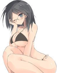 Rule 34 | 10s, 1girl, alternate costume, arched back, bikini, black bikini, black hair, blue eyes, blush, breasts, brown hair, female focus, from side, glasses, hand on own cheek, hand on own face, kantai collection, kirishima (kancolle), large breasts, looking at viewer, micro bikini, nao (qqqbb), one eye closed, revealing clothes, short hair, side-tie bikini bottom, simple background, sitting, solo, swimsuit, white background