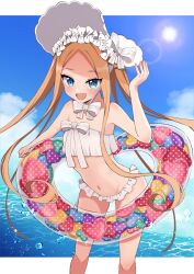 Rule 34 | 1girl, :d, abigail williams (fate), abigail williams (swimsuit foreigner) (fate), arm up, bare arms, bare shoulders, bikini, blue sky, bonnet, bow, brown hair, cloud, commentary request, day, fate/grand order, fate (series), forehead, frilled bikini, frills, heart, highres, innertube, long hair, moyashi (momoyashi 321), navel, open mouth, parted bangs, sky, smile, solo, strapless, strapless bikini, sun, swim ring, swimsuit, very long hair, water, white bikini, white bow, white headwear