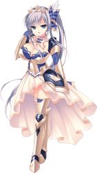 Rule 34 | 1girl, armor, blue eyes, breasts, bridal gauntlets, cecilia highland, cleavage, crown, dress, female focus, full body, game cg, hair ornament, highres, jewelry, large breasts, long hair, looking at viewer, love love princess, open mouth, shoulder pads, silver hair, smile, solo, transparent background, very long hair, white background, wori