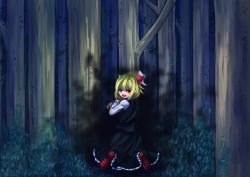 Rule 34 | 1girl, blonde hair, blood, blood on face, darkness, disembodied hand, fang, forest, grass, hair ribbon, kneeling, looking at viewer, looking back, nature, night, okitsu (okitwo), red eyes, ribbon, rumia, short hair, skirt, skirt set, touhou