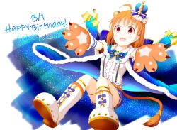 Rule 34 | 1girl, absurdres, aki natukaze, alternate hairstyle, animal hands, artist name, artist request, back bow, bare legs, belt, blue bow, blue cape, blue capelet, blue pants, blue ribbon, blue shorts, blush, boots, bow, braid, breasts, brown belt, cape, capelet, center frills, cross-laced footwear, crown, diamond (gemstone), double bun, dress, earrings, female focus, footwear bow, frilled dress, frills, full body, fur-trimmed cape, fur-trimmed capelet, fur-trimmed dress, fur-trimmed sleeves, fur trim, gloves, hair bun, hair ornament, highres, hug, jewelry, leo star bright (love live!), lion tail, looking at viewer, love live!, love live! school idol festival, love live! school idol festival all stars, love live! sunshine!!, mini crown, orange hair, pants, parted lips, paw gloves, red eyes, ribbon, short hair, short shorts, shorts, side braid, single braid, small breasts, smile, solo, star (symbol), star earrings, star hair ornament, star print, striped, striped bow, suspenders, tail, takami chika, white dress, white footwear