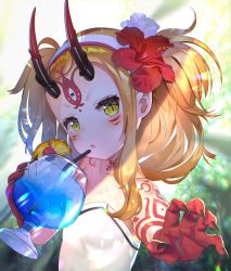 Rule 34 | 1girl, :o, arm tattoo, bare shoulders, black nails, blonde hair, blush, collarbone, commentary request, cup, day, drink, drinking glass, drinking straw, facial mark, fang, fate/grand order, fate (series), fingernails, flat chest, flower, food, forehead mark, foreshortening, fruit, hair flower, hair ornament, hairband, head tilt, hibiscus, highres, horns, ibaraki douji (fate), ibaraki douji (fate/grand order), ibaraki douji (swimsuit lancer) (fate), ibaraki douji (swimsuit lancer) (second ascension) (fate), long hair, looking at viewer, nail polish, nayuta (una), one-piece swimsuit, oni, oni horns, outdoors, outstretched arm, pineapple, pineapple slice, reaching, reaching towards viewer, red flower, shade, sharp fingernails, sidelocks, slit pupils, solo, sunlight, swimsuit, tattoo, twintails, two side up, upper body, white hairband, white one-piece swimsuit, yellow eyes