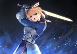 Rule 34 | 1girl, absurdres, ahoge, armor, armored dress, artoria pendragon (all), artoria pendragon (fate), blonde hair, blue dress, blue ribbon, braid, breastplate, commentary, dress, excalibur (fate/stay night), fate/stay night, fate (series), french braid, gauntlets, green eyes, hair between eyes, hair bun, hair ribbon, highres, holding, holding sword, holding weapon, juliet sleeves, long sleeves, looking at viewer, open mouth, plackart, puffy sleeves, ribbon, saber (fate), short hair, single hair bun, solo, sword, teeth, upper teeth only, weapon, yanagi marie