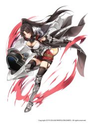 Rule 34 | 1girl, armor, armored boots, armpit peek, black gloves, black hair, black thighhighs, boots, breasts, cannon, cape, cleavage, dress, elbow gloves, floating hair, full body, gauntlets, gloves, holding, iris yuma, knee boots, large breasts, leg up, long hair, looking at viewer, official art, parted bangs, parted lips, ponytail, rainmaker, red eyes, simple background, smile, solo, soulworker, strapless, strapless dress, thighhighs, v-shaped eyebrows, very long hair, white background, zettai ryouiki