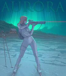 Rule 34 | 1girl, aiming, aurora, backpack, bag, bodysuit, commentary, commission, energy gun, english commentary, goggles, goggles on head, gun, holding, holding gun, holding weapon, house, ice, landscape, laser rifle, long hair, looking to the side, mask, mouth mask, night, original, outdoors, red hair, scenery, skiing, skis, sky, solo, standing, steven stahlberg, weapon, white bag, white bodysuit