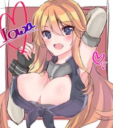 Rule 34 | 10s, 1girl, arms up, bad id, bad twitter id, blonde hair, blue eyes, blush, breasts, cleavage, fingerless gloves, gloves, highres, iowa (kancolle), kantai collection, large breasts, long hair, looking at viewer, nanahachi, open mouth, smile, solo, star-shaped pupils, star (symbol), symbol-shaped pupils, upper body