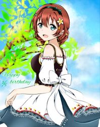 Rule 34 | 1girl, apron, aqua eyes, artist name, artist request, back bow, bare shoulders, black bow, black corset, black hairband, blue eyes, blue sky, blush, bow, bow hairband, bracelet, braid, breasts, brown hair, cloud, collarbone, corset, day, dirndl, dress, drill hair, emma verde, evergreen (love live!), female focus, flower, flower bracelet, flower hair ornament, freckles, frilled dress, frills, german clothes, green hairband, green skirt, hair between eyes, hair flower, hair ornament, hairband, hairclip, holding, holding clothes, holding skirt, jewelry, long hair, looking at viewer, looking back, love live!, love live! nijigasaki high school idol club, love live! school idol festival, medium breasts, outdoors, parted lips, puffy short sleeves, puffy sleeves, red hair, red ribbon, ribbon, short hair, short sleeves, skirt, sky, smile, solo, swiss clothes, twin braids, twintails, white apron, white bow, white dress, white skirt, zyagazyaga117