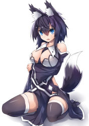 Rule 34 | 1girl, 307, animal ears, bare shoulders, between breasts, black hair, black thighhighs, blue eyes, breast hold, breasts, cleavage, female focus, large breasts, looking at viewer, necktie, open mouth, original, simple background, solo, symbol-shaped pupils, tail, thighhighs, totoya z, white background