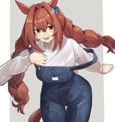 Rule 34 | 1girl, animal ears, bespectacled, braid, breasts, brown hair, casual, cowboy shot, daiwa scarlet (umamusume), fang, glasses, hair between eyes, hair intakes, highres, horse ears, horse girl, horse tail, leaning forward, long hair, long sleeves, looking at viewer, low twintails, medium breasts, overalls, red eyes, round eyewear, skin fang, smile, solo, solokitsune, strap slip, sweater, tail, twintails, umamusume, white sweater