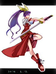 Rule 34 | 1girl, 2014, belt, boots, bow, bracelet, cross-laced footwear, dated, dress, full body, hair bow, hair ribbon, highres, jewelry, katana, knee boots, lace-up boots, letterboxed, light purple hair, long hair, namauni, ponytail, red eyes, ribbon, sheath, simple background, solo, sword, toeless footwear, touhou, very long hair, watatsuki no yorihime, weapon, white background