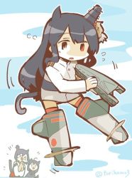 Rule 34 | &gt; &lt;, 10s, 3girls, :o, animal ears, black hair, cat ears, cat tail, chibi, chibi inset, commentary request, closed eyes, fusou (kancolle), headgear, kantai collection, konno akikaze, long hair, multiple girls, red eyes, shigure (kancolle), strike witches, striker unit, tail, world witches series, yamashiro (kancolle)