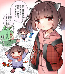 Rule 34 | 2girls, akane riu, arms up, black leggings, blade, blush, boots, brown hair, chestnut mouth, closed mouth, commentary request, down jacket, emphasis lines, expressionless, green hair, green jacket, hanten (clothes), headgear, holding, holding snowball, jacket, jitome, leggings, mittens, motion lines, multiple girls, multiple views, off shoulder, open mouth, pajamas, pink mittens, pink pajamas, plaid, plaid jacket, pleated skirt, purple jacket, purple skirt, red jacket, short twintails, skirt, snowball, snowball fight, sparkle, speech bubble, throwing, touhoku kiritan, translation request, tsundere, twintails, victory, voiceroid, voicevox, winter clothes, yellow eyes, zundamon
