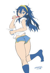 Rule 34 | 1girl, ?, artist name, ass, blue eyes, blue hair, blue socks, boxers, bright pupils, brushing teeth, casual, cup, fire emblem, fire emblem awakening, from behind, kneehighs, kneepits, long hair, looking at viewer, looking back, lucina (fire emblem), male underwear, matching hair/eyes, nintendo, no shoes, samanator club, shorts, simple background, socks, solo, standing, standing on one leg, thighs, toothbrush, underwear, white background
