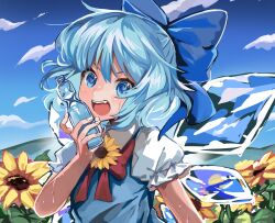 Rule 34 | 1girl, :d, blue bow, blue dress, blue eyes, blue hair, blue sky, bottle, bow, bowtie, cirno, cloud, commentary, dress, fang, flower, hair bow, highres, holding, holding bottle, ice, ice wings, looking at viewer, medium hair, open mouth, outdoors, pinafore dress, puffy short sleeves, puffy sleeves, red bow, red bowtie, shirt, short sleeves, sky, sleeveless dress, smile, solo, sunflower, sweat, tamatetama, tanned cirno, touhou, upper body, water bottle, white shirt, wings
