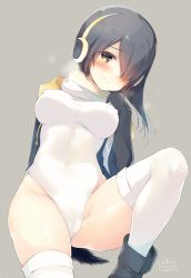 Rule 34 | 10s, 1girl, 2017, 3:, artist name, black footwear, black hair, blush, boots, breasts, cameltoe, covered erect nipples, dated, emperor penguin (kemono friends), hair over one eye, headphones, highleg, highleg leotard, hood, hoodie, kemono friends, large breasts, leotard, looking at viewer, multicolored hair, shiratama (shiratamaco), signature, simple background, solo, tail, thighhighs, white leotard, white thighhighs, yellow eyes