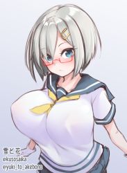 Rule 34 | 1girl, artist name, blue eyes, blue sailor collar, blush, breasts, closed mouth, covered erect nipples, glasses, gloves, grey hair, hair ornament, hair over one eye, hairclip, hamakaze (kancolle), highres, huge breasts, kantai collection, neckerchief, one-hour drawing challenge, red-framed eyewear, sailor collar, school uniform, serafuku, short hair, short sleeves, solo, twitter username, upper body, white gloves, yellow neckerchief, yuki to hana
