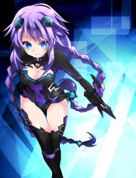 Rule 34 | 10s, 1girl, absurdres, bad id, bad pixiv id, black thighhighs, blue eyes, blush, bodysuit, braid, breasts, cleavage, cleavage cutout, clothing cutout, covered navel, crossed legs, emblem, female focus, from above, gloves, gradient background, hair ornament, highres, hip focus, kjula, leotard, light smile, long hair, looking at viewer, magical girl, neptune (neptunia), neptune (series), power symbol, power symbol-shaped pupils, purple hair, purple heart (neptunia), sidelocks, sketch, smile, solo, standing, symbol-shaped pupils, thighhighs, twin braids, vambraces, very long hair