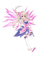 Rule 34 | 1girl, :d, armpits, arms up, ascot, blue thighhighs, boots, detached sleeves, fate/kaleid liner prisma illya, fate (series), floating hair, frilled skirt, frills, hair between eyes, highres, holding, illyasviel von einzbern, kultur, leg up, long hair, long sleeves, looking at viewer, magical girl, miniskirt, open mouth, pink sleeves, pleated skirt, red eyes, silver hair, simple background, skirt, smile, solo, thigh boots, thighhighs, thighhighs under boots, very long hair, white ascot, white background, white footwear, white skirt