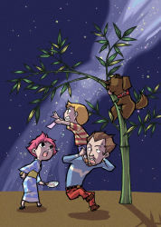 Rule 34 | 1girl, 2boys, bamboo, beard, blonde hair, boney, brown hair, carrying, dog, duster (mother), facial hair, hand fan, japanese clothes, kimono, kin niku, kumatora, lucas (mother 3), mother (game), mother 3, multiple boys, nintendo, outstretched arms, outstretched hand, parody, pink hair, reaching, shirt, short hair, shoulder carry, star (sky), star (symbol), striped clothes, striped shirt, style parody, sweatdrop, tanabata, the legend of zelda, the legend of zelda: the wind waker