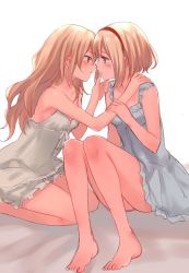 Rule 34 | 2girls, after kiss, alice margatroid, bad id, bad twitter id, bare legs, barefoot, blonde hair, blue dress, blush, chemise, grabbing another&#039;s chin, crying, dress, feet, frilled dress, frills, fukahire (ruinon), grey eyes, hairband, hand on another&#039;s chin, hand on another&#039;s shoulder, highres, imminent kiss, kirisame marisa, long hair, looking at another, multiple girls, open mouth, saliva, saliva trail, short hair, sitting, sweat, sweatdrop, tears, touhou, wavy hair, white dress, yellow eyes, yuri