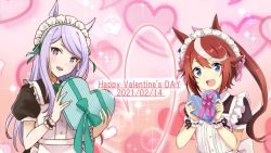 Rule 34 | 2girls, alternate costume, animal ears, apron, black dress, blue eyes, box, brown hair, commentary request, dated, dress, enmaided, frilled cuffs, gift, green ribbon, happy valentine, heart, heart-shaped box, heart background, holding, holding gift, horse ears, horse girl, kuon kimi, long hair, looking at viewer, maid, maid apron, maid headdress, mejiro mcqueen (umamusume), multicolored hair, multiple girls, neck ribbon, open mouth, pink background, ponytail, puffy sleeves, purple eyes, purple hair, ribbon, smile, sparkle, streaked hair, swept bangs, tokai teio (umamusume), two-tone hair, umamusume, valentine, white apron, white hair