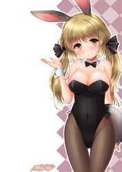 Rule 34 | 1girl, animal ears, bare shoulders, black bow, black bowtie, black leotard, black pantyhose, black ribbon, blonde hair, blush, bow, bowtie, breasts, cleavage, closed mouth, covered navel, cowboy shot, detached collar, fake animal ears, hair ribbon, head tilt, highleg, highleg leotard, kei kei, leotard, long hair, looking at viewer, low twintails, medium breasts, original, pantyhose, playboy bunny, rabbit ears, ribbon, smile, solo, thigh gap, tray, twintails, twitter username, wrist cuffs, yellow eyes