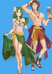 Rule 34 | 1boy, 1girl, abs, absurdres, alternate costume, arm up, bikini, blue background, bracelet, breasts, brown eyes, brown hair, cleavage, clothes around waist, collarbone, cup, drink, earrings, ebinku, fire emblem, fire emblem: thracia 776, flower, green eyes, green hair, green sarong, grin, hair flower, hair ornament, hand in own hair, hand on own chest, highres, holding, holding cup, jewelry, lifis, long hair, looking at viewer, medium breasts, navel, necklace, nintendo, pectorals, safy (fire emblem), sandals, sarong, see-through, see-through sarong, shorts, simple background, smile, smug, swimsuit, toned, toned male, vase, white bikini, white flower