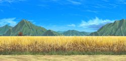 Rule 34 | blue sky, building, cloud, day, dirt, field, highres, landscape, megalobilly, mountain, mountainous horizon, no humans, original, outdoors, path, road, scenery, sky, tree, wheat, wheat field