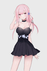 Rule 34 | 1girl, absurdres, arm up, black dress, breasts, choker, cleavage, closed mouth, collarbone, cosplay, dress, highres, hololive, hololive english, large breasts, long hair, looking at viewer, mori calliope, pink eyes, pink hair, skykappa, virtual youtuber, watson amelia, watson amelia (party dress), watson amelia (cosplay)