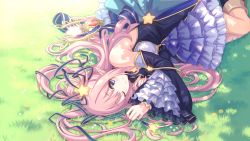 Rule 34 | 1girl, cygames, frilled skirt, frills, grass, hair ornament, hatsune (princess connect!), lying, official art, pink hair, pointy ears, princess connect!, purple eyes, skirt, solo, staff