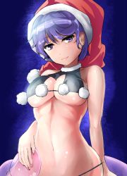 Rule 34 | 1girl, adapted costume, bare arms, bare shoulders, bikini, blue eyes, blue hair, breasts, cleavage, closed mouth, commentary request, doremy sweet, dream soul, hat, highres, looking at viewer, medium breasts, nail polish, navel, nightcap, pom pom (clothes), red nails, santa hat, short hair, smile, solo, stomach, swimsuit, touhou, underboob, upper body, y2