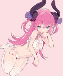 Rule 34 | 1girl, bell, blade (galaxist), blue eyes, bra, breasts, cat cutout, cat lingerie, choker, cleavage cutout, clothing cutout, elizabeth bathory (fate), elizabeth bathory (fate/extra ccc), fate/grand order, fate (series), fishnet thighhighs, fishnets, hair between eyes, high heels, horns, jingle bell, licking, licking hand, long hair, meme attire, navel, neck bell, panties, pink background, pink hair, pink theme, side-tie panties, simple background, small breasts, solo, strap slip, string panties, thighhighs, tongue, tongue out, two side up, underwear, white bra, white panties, white thighhighs