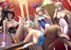 Rule 34 | 4girls, absurdres, akane (blue archive), akane (bunny) (blue archive), alcohol, animal ears, ass, asuna (blue archive), asuna (bunny) (blue archive), bare shoulders, bent over, black hair, black leotard, blonde hair, blue archive, blue eyes, blue leotard, blue ribbon, blush, bow, bowtie, braid, breasts, brown eyes, brown pantyhose, cleavage, collarbone, cup, dark-skinned female, dark skin, detached collar, double v, drinking glass, earpiece, elbow gloves, fake animal ears, fake tail, fishnet pantyhose, fishnets, french braid, glasses, gloves, grin, hair between eyes, hair over one eye, hair ribbon, halo, high heels, highleg, highleg leotard, highres, karin (blue archive), karin (bunny) (blue archive), large breasts, leotard, light brown hair, long hair, looking at viewer, looking back, medium breasts, multiple girls, pantyhose, playboy bunny, poker chip, poker table, ponytail, rabbit ears, rabbit tail, ribbon, shawl, sidelocks, sitting, smile, table, tail, tako seijin, thighband pantyhose, thighhighs, thighs, toki (blue archive), toki (bunny) (blue archive), v, very long hair, white gloves, white leotard, white pantyhose, white thighhighs, wine, wine glass, wrist cuffs, yellow eyes