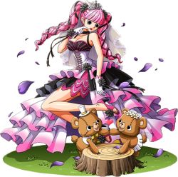 Rule 34 | 1girl, bears, breasts, bridal veil, cleavage, crown, dress, gloves, high heels, lipstick, long hair, lowres, makeup, one piece, one piece treasure cruise, open shoes, perona, pink hair, sandals, transparent background, twintails, veil, very long hair, wedding dress