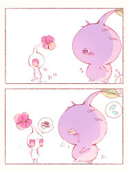 Rule 34 | black eyes, blush, colored skin, comic, commentary request, flower, height difference, leaf, motion lines, ni-gou, no humans, pikmin (creature), pikmin (series), pink flower, purple hair, purple pikmin, purple skin, red eyes, short hair, silent comic, solid circle eyes, solid oval eyes, speech bubble, spoken object, spoken squiggle, spoken sweatdrop, squiggle, sweatdrop, turning head, very short hair, walking, white pikmin, white skin
