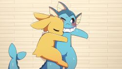 ambiguous_gender blue_fur blush closed_eyes collar creatures_(company) fins frown furrowed_brow game_freak gen_1_pokemon height_difference highres hug jolteon lying mermaid_tail nintendo no_humans on_back on_side one_eye_closed pokemon shiny_skin side_hug spiked_collar spikes sum tile_floor tiles vaporeon yellow_fur