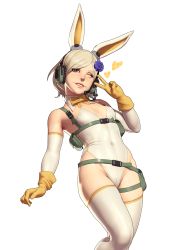Rule 34 | 1girl, absurdres, animal ears, brown eyes, covered navel, detached collar, elbow gloves, fake animal ears, feet out of frame, female focus, flower, gloves, hair flower, hair ornament, headset, heart, highres, john doe (jdart), leotard, looking at viewer, metal gear (series), metal gear solid 4: guns of the patriots, one eye closed, platinum blonde hair, playboy bunny, rabbit ears, short hair, simple background, solo, strapless, strapless leotard, sunny emmerich, thighhighs, v, white background, white leotard, white thighhighs