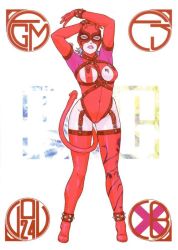 Rule 34 | 1girl, arms up, bracelet, breasts, demon, evilrose, garter belt, hinomoto fujiko, horns, huge breasts, jewelry, leather, mask, purple hair, rumble roses, solo, spiked bracelet, spikes, strap, tail, tattoo, wrestler