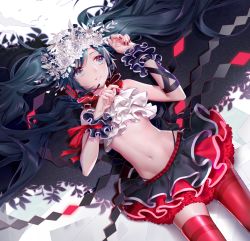 Rule 34 | 1girl, hatsune miku, head wreath, headset, highres, long hair, matching hair/eyes, midriff, navel, nisoku hokou (vocaloid), red thighhighs, skirt, solo, thighhighs, twintails, vocaloid, yyb