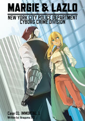 Rule 34 | 1boy, 1girl, anaguma keigo, aqua eyes, artist name, back-to-back, belt, blonde hair, boots, breasts, brown footwear, building, cargo pants, choker, commentary request, cover, cyberpunk, cyborg, english text, grin, hands in pockets, height difference, highres, holster, knee boots, large breasts, long coat, looking to the side, low ponytail, new york city, new york city police department, original, pants, purple choker, red pants, ribbed sweater, shirt, shoulder holster, skyscraper, sleeves pushed up, smile, sweater, vest, white shirt