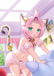 Rule 34 | absurdres, animal ear fluff, animal ears, bell, benzi li, bloomers, blurry, blurry background, blush, cat ears, cat girl, cat tail, curtains, depth of field, diona (genshin impact), ether core, genshin impact, green eyes, highres, indoors, jingle bell, looking at viewer, navel, neck bell, pink hair, short hair, solo, stuffed toy, tail, underwear, window