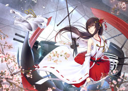 Rule 34 | 10s, 1girl, bare shoulders, black hair, brown eyes, cherry blossoms, detached sleeves, hair ornament, hairband, haruna (kancolle), highres, kantai collection, long hair, nontraditional miko, oki (koi0koi), red skirt, ribbon-trimmed sleeves, ribbon trim, sarashi, skirt, turret, wide sleeves
