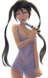 Rule 34 | 1girl, bare arms, bare shoulders, black hair, blue eyes, breasts, cleavage, collarbone, dress, dress tug, female focus, knife, kurione (zassou), large breasts, licking, licking blade, licking weapon, long hair, no bra, original, purple dress, see-through, short dress, simple background, sleeveless, sleeveless dress, solo, tongue, tongue out, twintails, very long hair, weapon, yandere