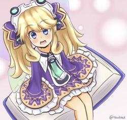 Rule 34 | 10s, 1girl, blonde hair, blue eyes, blush, book, dress, green necktie, hair ribbon, highres, histoire, long hair, long sleeves, looking at viewer, nan0teck, necktie, neptune (series), open book, open mouth, purple dress, purple ribbon, ribbon, sitting, smile, solo, twintails, twitter username