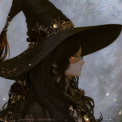 Rule 34 | 1girl, black hair, black hat, black robe, brooch, closed mouth, commentary request, earrings, from side, hat, hat ornament, highres, jewelry, looking at viewer, looking to the side, nixeu, orange eyes, original, portrait, robe, solo, upper body, witch, witch hat