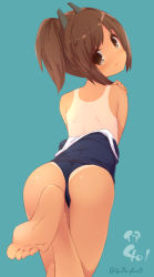 Rule 34 | 10s, 1girl, ass, barefoot, brown eyes, brown hair, character name, clothes pull, feet, hand on own shoulder, i-401 (kancolle), kantai collection, leotard, looking at viewer, looking back, one-piece swimsuit pull, one-piece tan, partially undressed, ponytail, school swimsuit, short hair, signature, soles, solo, swimsuit, tan, tanline, thong leotard, toes, twitter username, watanon (gakushokutei), wedgie